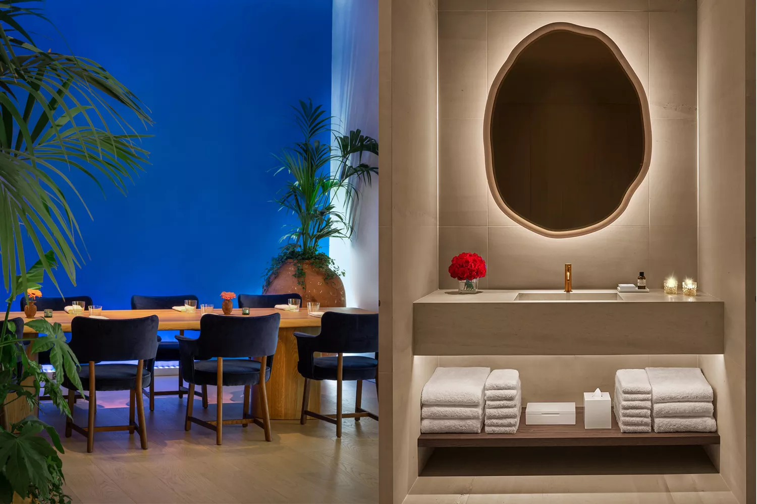 Modern dining room interior and a minimalist guest bathroom at The Madrid EDITION.