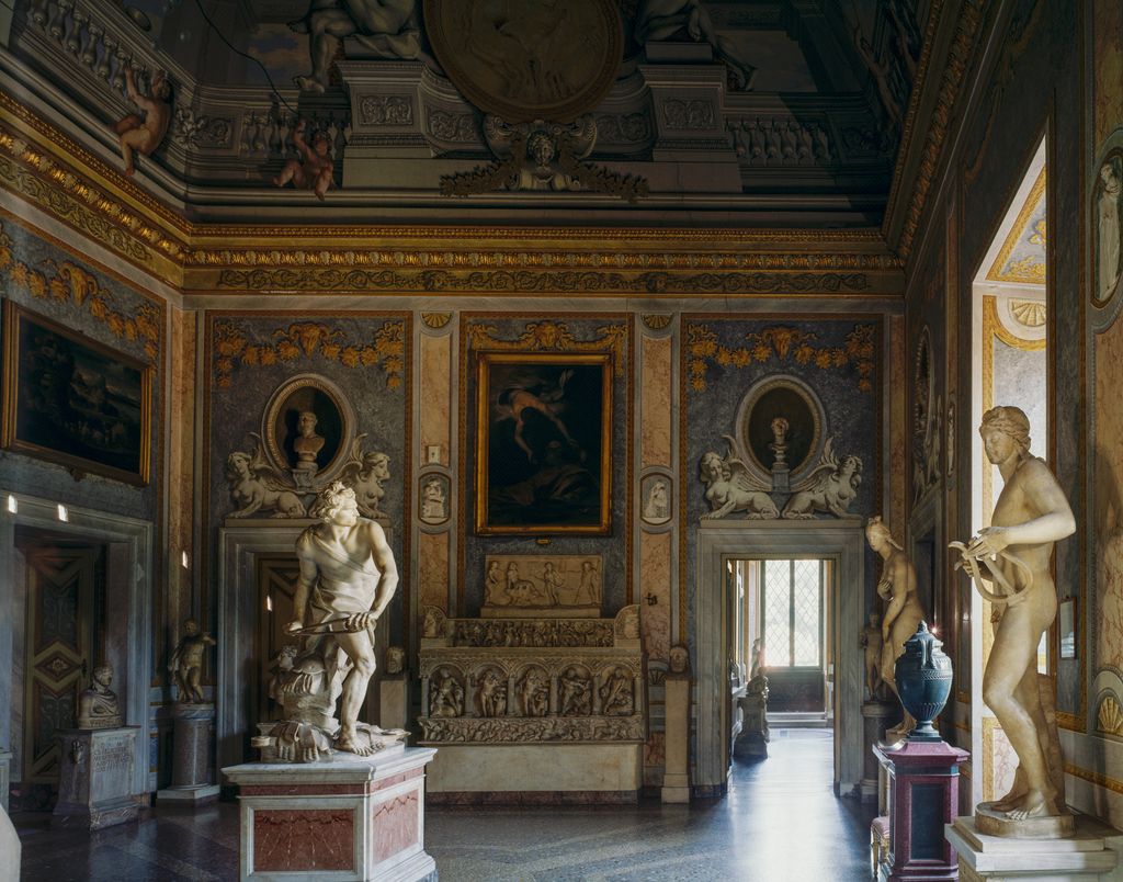 Intricate frescoes and classical sculptures inside the Galleria Borghese.