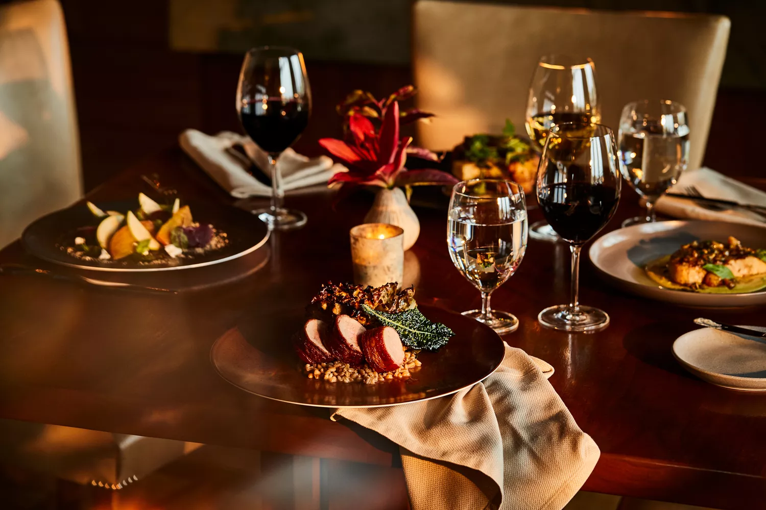 An upscale restaurant table set for dining at Primland resort.