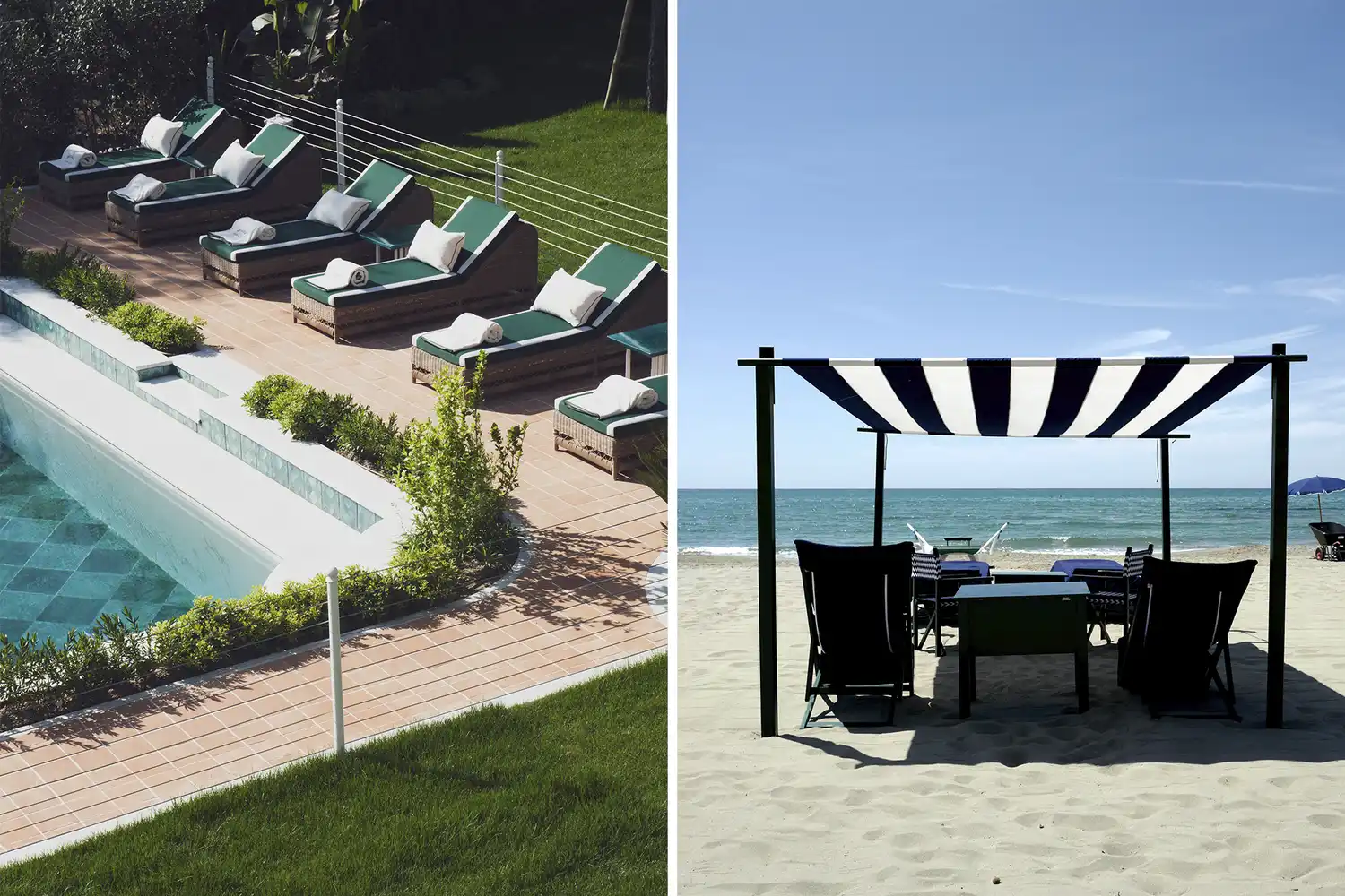 Side-by-side view of a luxury pool deck and a traditional beach cabana at Bagno Assunta.