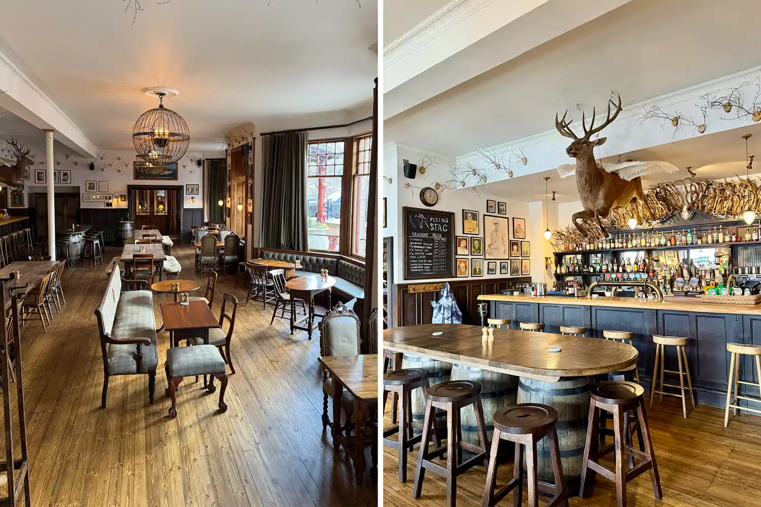 Interior of The Flying Stag pub featuring the signature mounted stag sculpture.