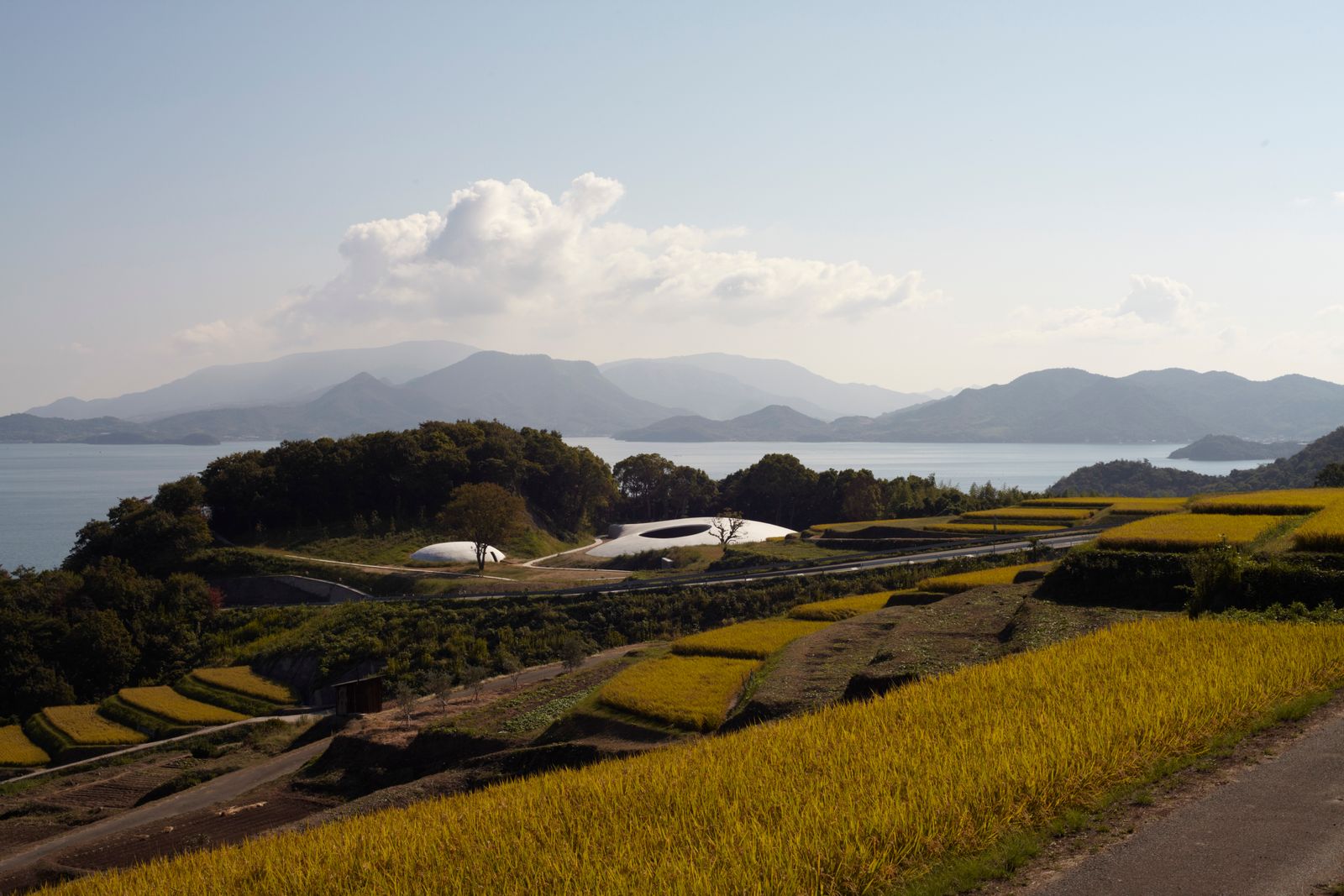 Scenic aerial view of rural Japanese countryside with terraced paddy fields and a mountainous backdrop under a clear sky.