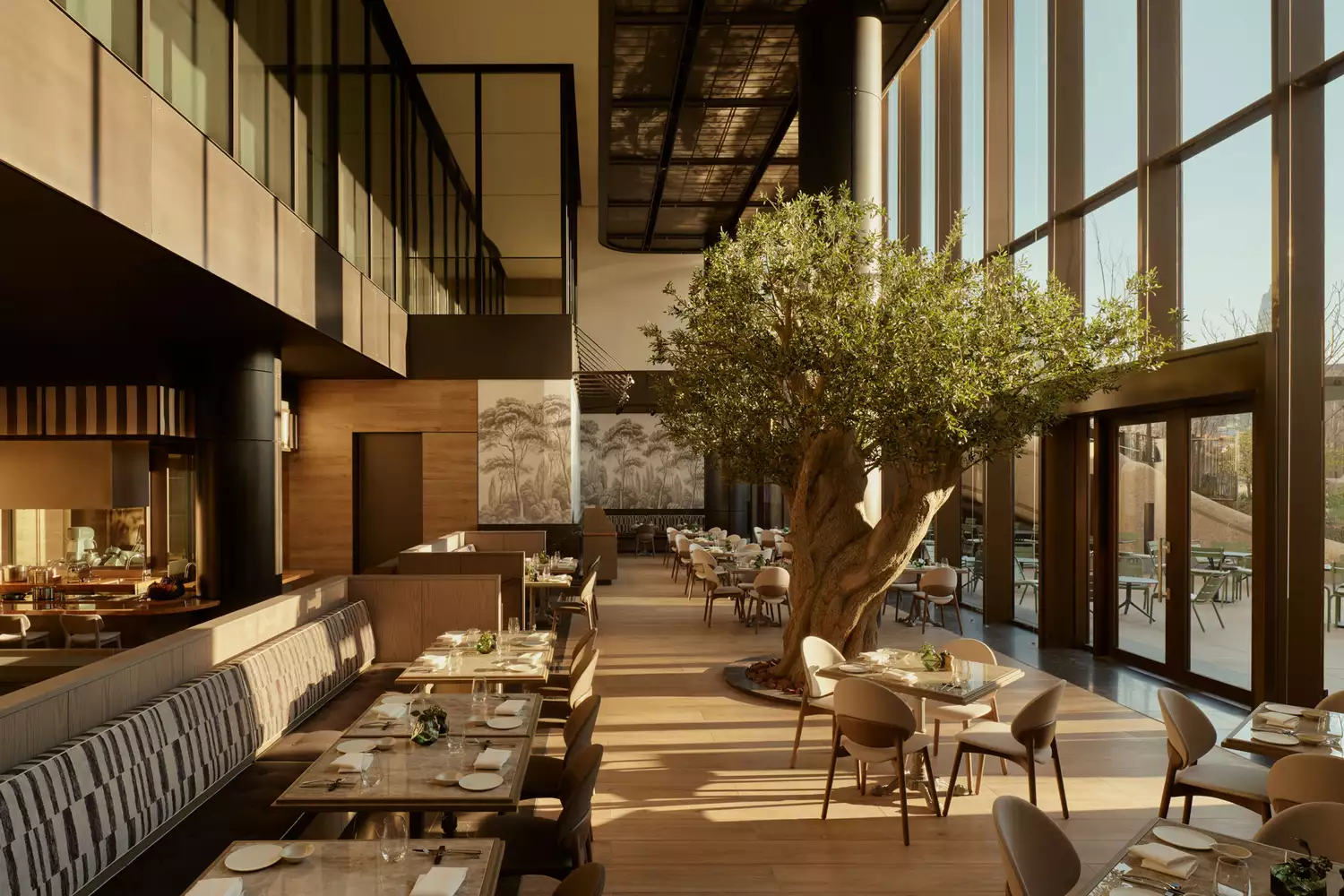 A modern, bright hotel restaurant featuring a large central tree and city views.