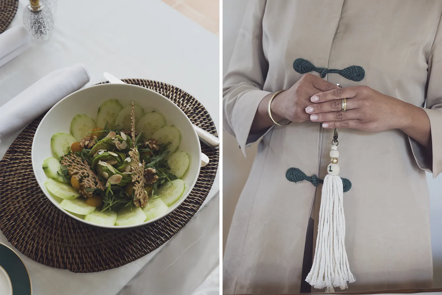 A fresh salad served at a restaurant and a close-up of a hotel employee's attire.