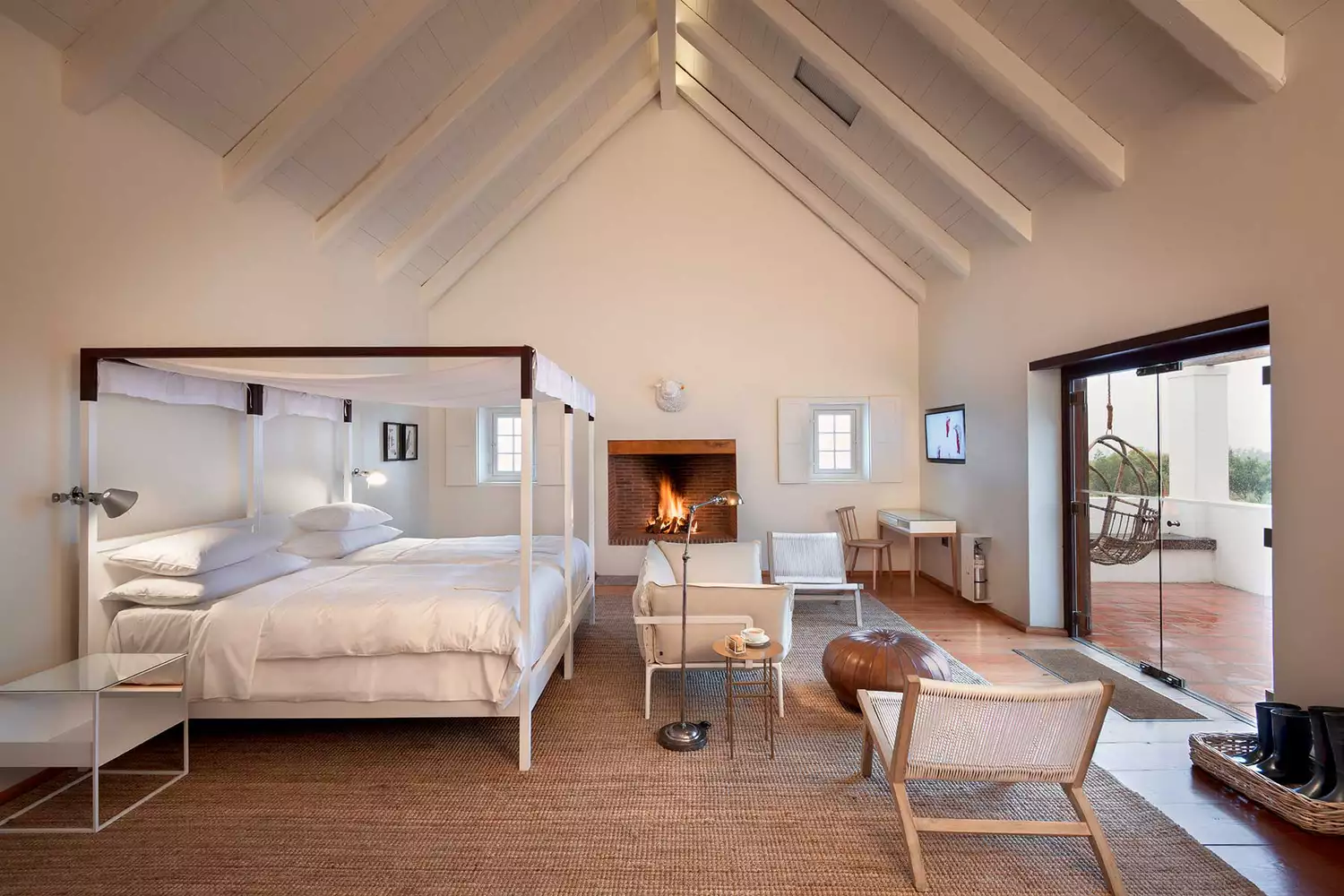Rustic yet modern guest room interior at Babylonstoren in the Cape Winelands.