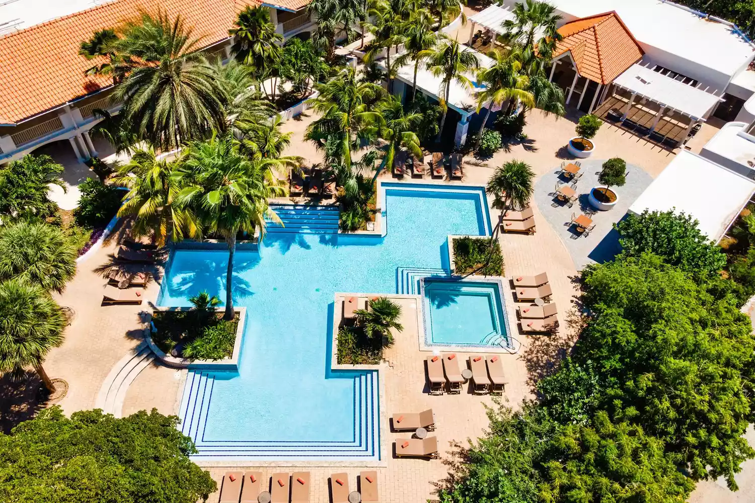 Aerial view of the palm-fringed pool at Zoëtry Curaçao Resort & Spa.