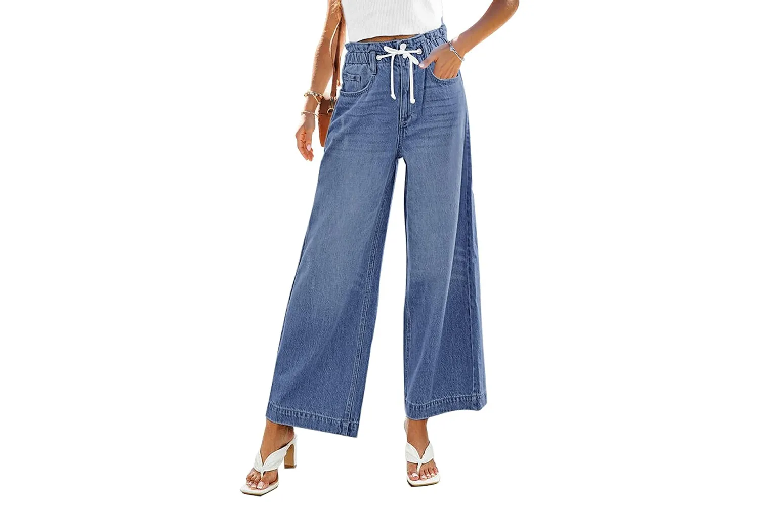 High-waisted wide-leg elastic waist bell bottom jeans.