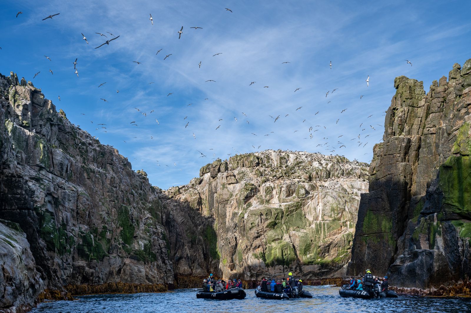 Adventurous travelers in a Zodiac boat approaching steep, rocky cliffs inhabited by seabirds.