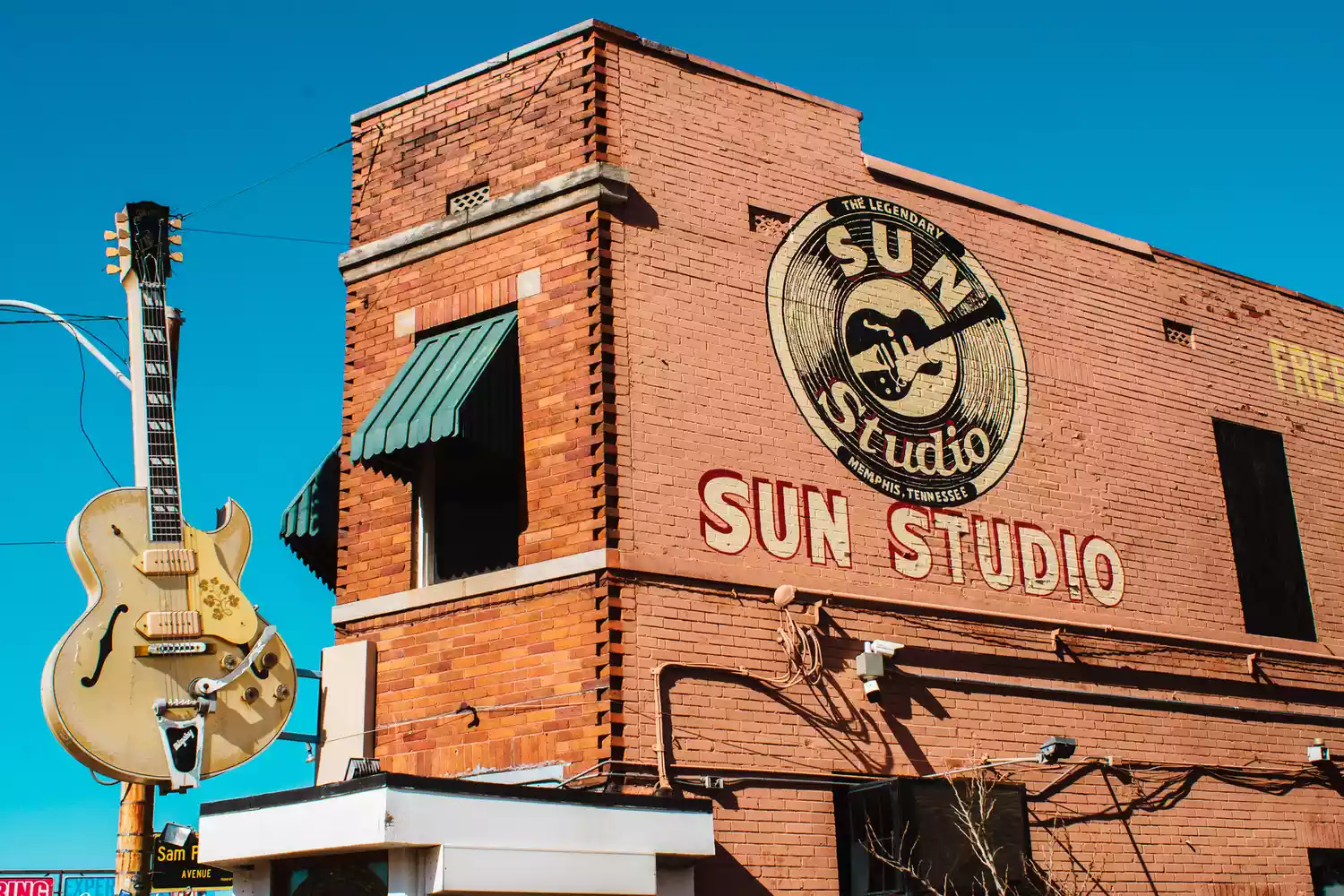 The exterior of the iconic Sun Studio building in Memphis, Tennessee.