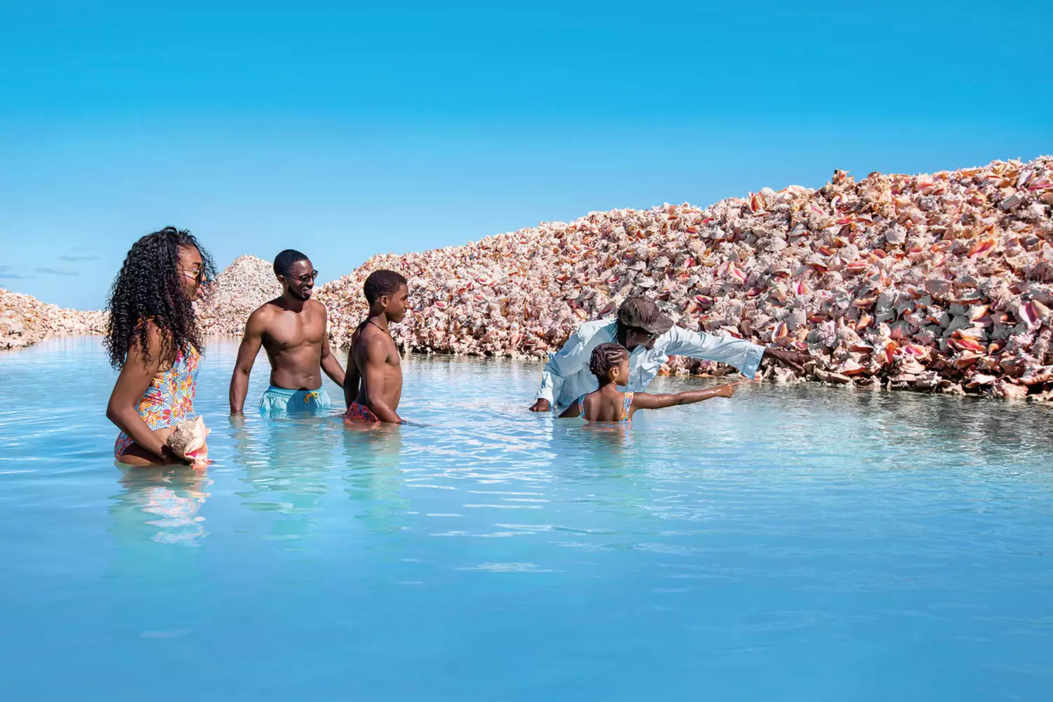 A large pile of conch shells on the shore with visitors exploring nearby.
