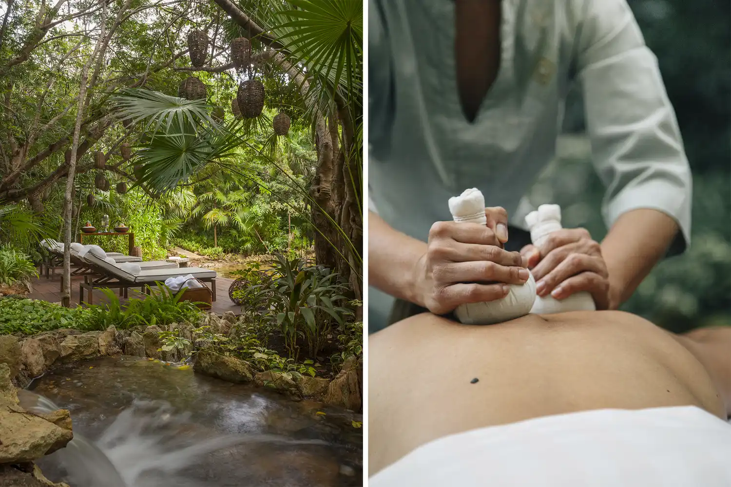 A composite image of a peaceful spa seating area in the jungle and a person receiving a massage.