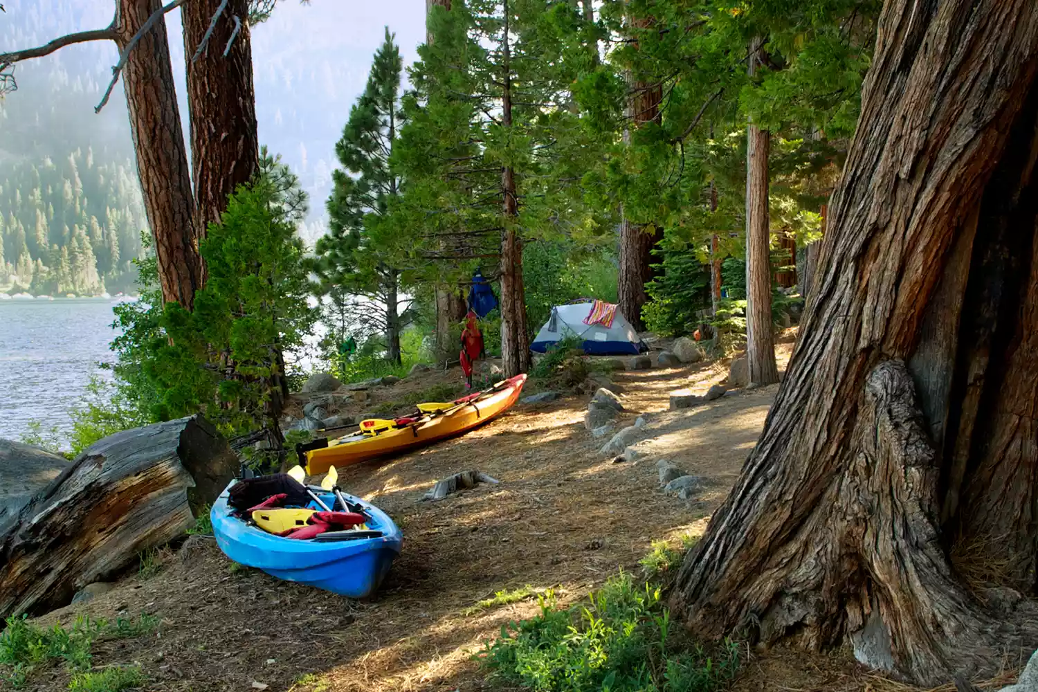 A campsite at Emerald Bay featuring canoes on the shore and a tent under the trees.