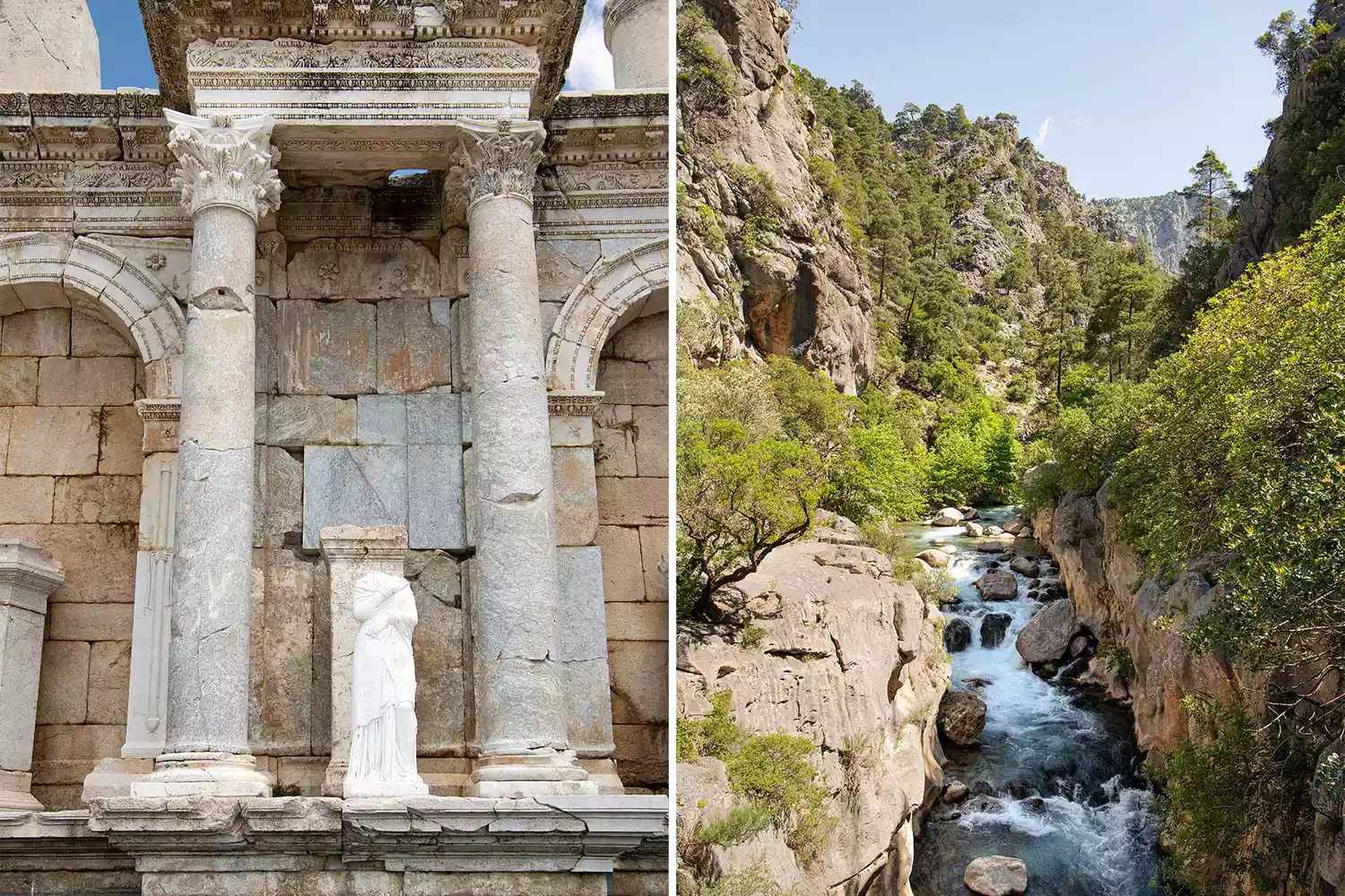 A split view showing the restored Antonine Nymphaeum fountain at Sagalassos and a turquoise river flowing through a steep canyon.