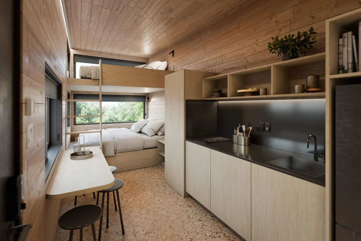 Detailed interior of a luxury hotel suite with high-quality wood paneling and warm lighting.