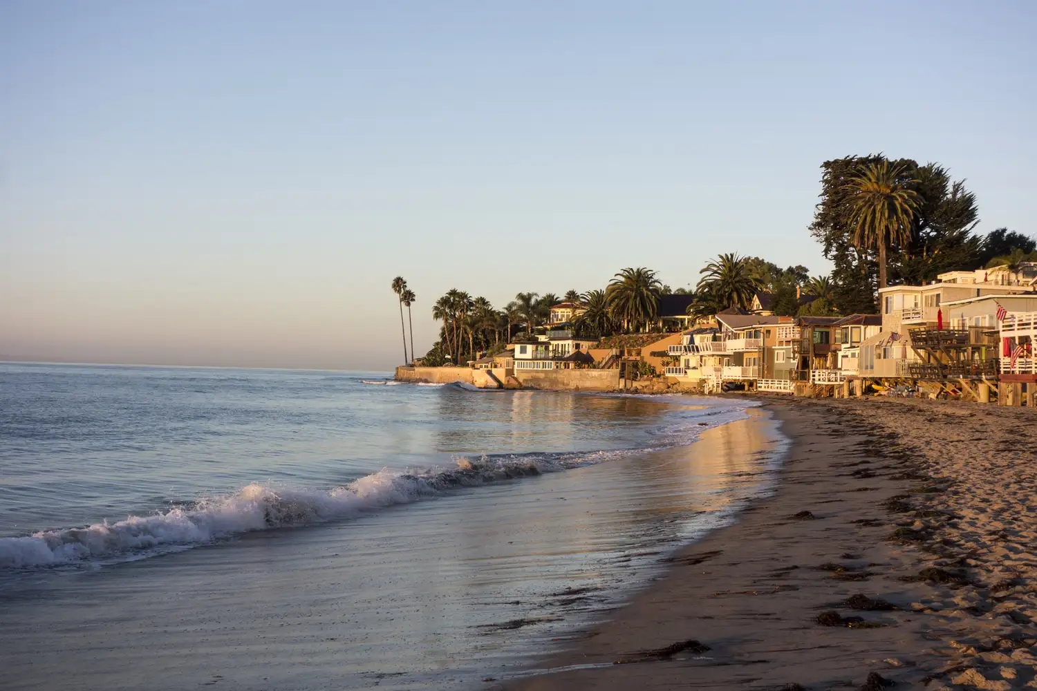Palm trees and beachfront properties along the sandy Miramar Beach in Montecito.