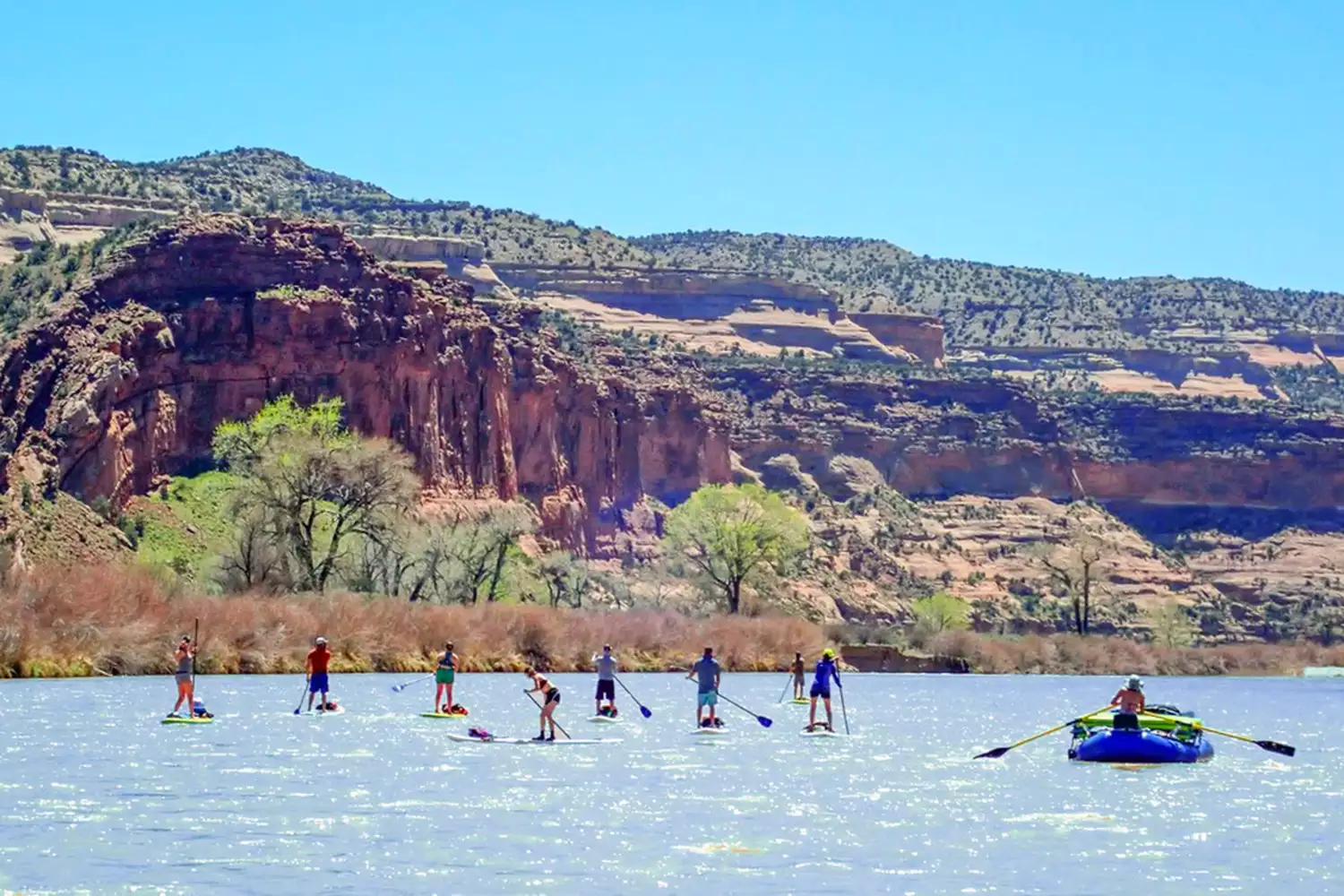 Two people on stand-up paddleboards floating on the glassy surface of the Colorado River between high canyon walls.