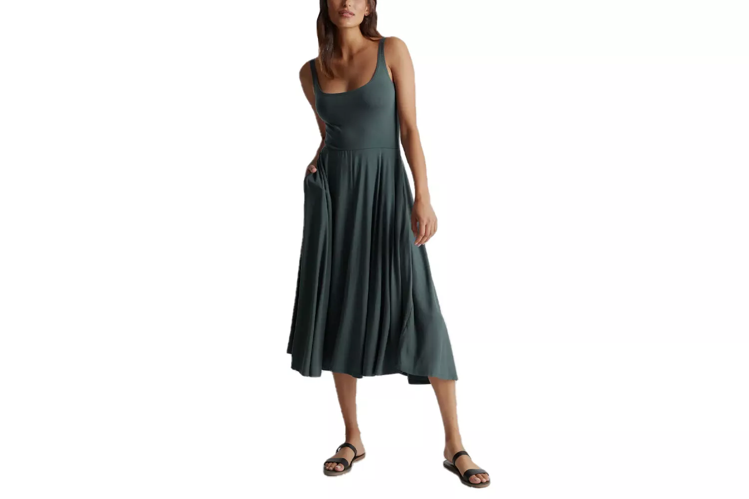 A sophisticated black Tencel jersey fit and flare dress.