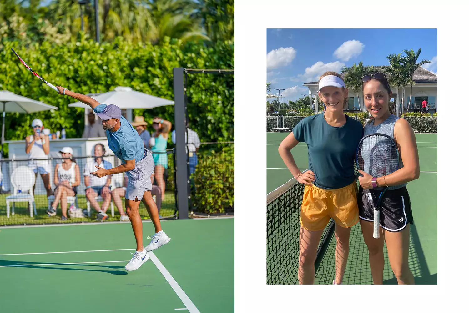 James Blake serving at a tournament and Jessica Pegula posing with a clinic participant.