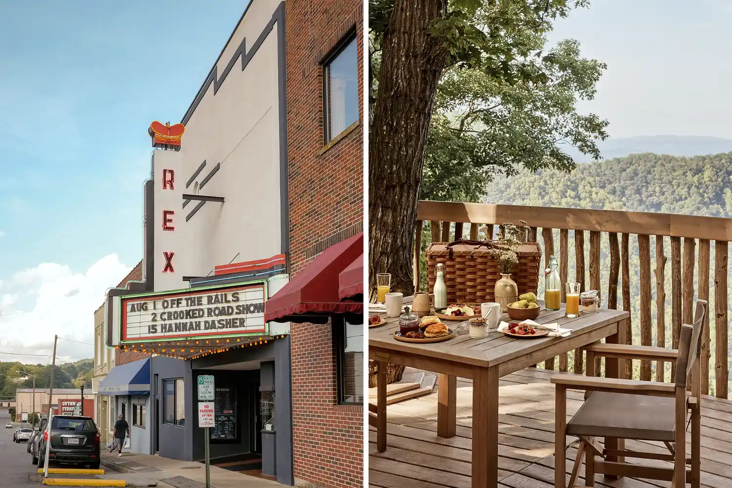 The marquee of the Rex Theater in Galax and a modern tree house cabin at Primland.