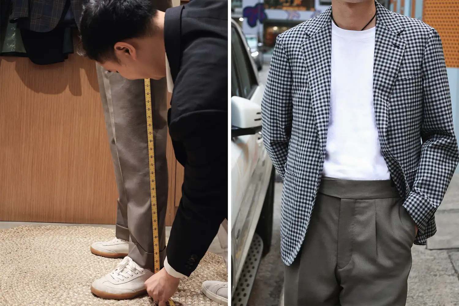 Side-by-side view of a tailor taking measurements for trousers and a man wearing a bespoke jacket in a city street.