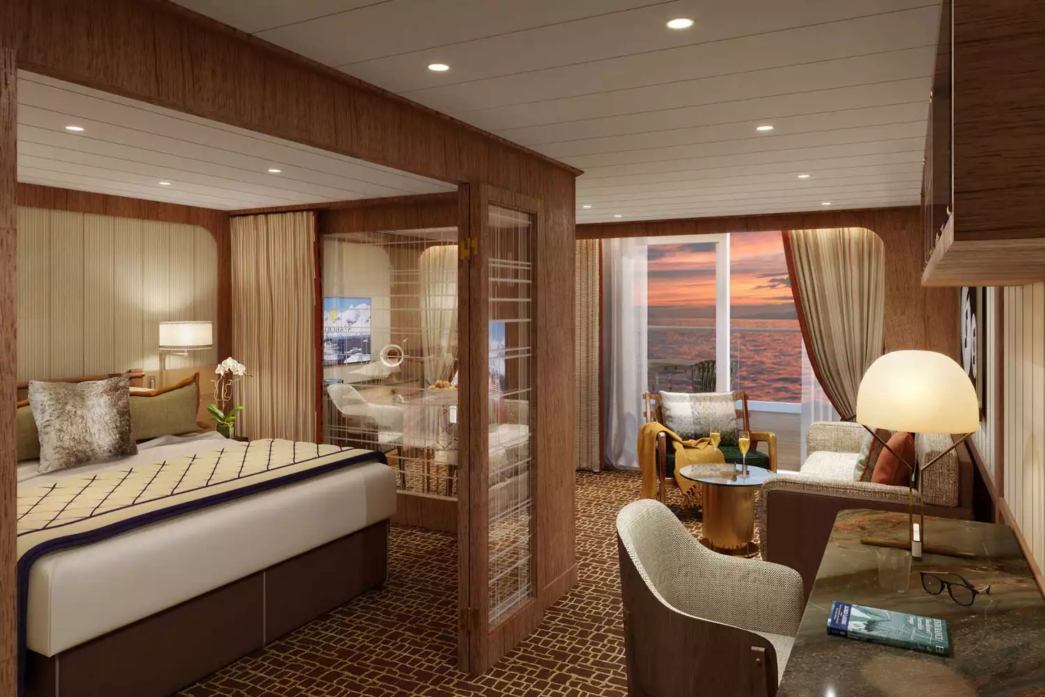 A modern and spacious ocean-view guest suite aboard a Seabourn luxury vessel.
