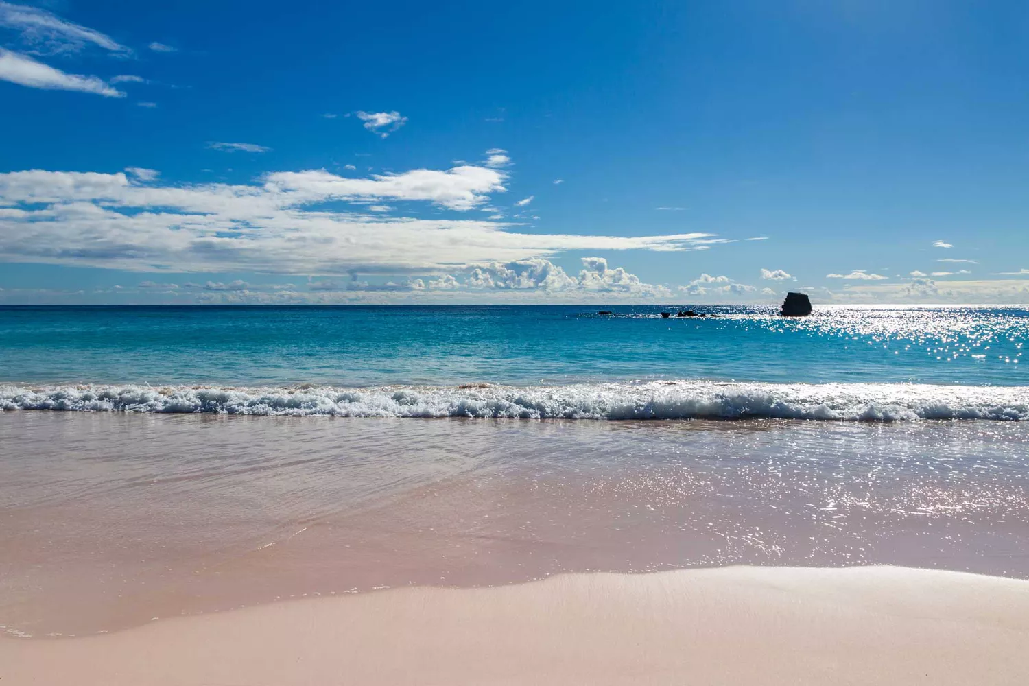 Waves washing over the pink-hued sand at Horseshoe Bay in Bermuda.