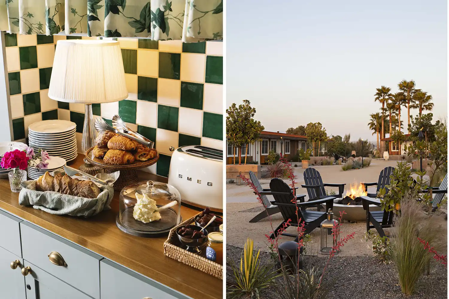 A split view showing a table of breakfast pastries on the left and a stone courtyard with a fire pit on the right.