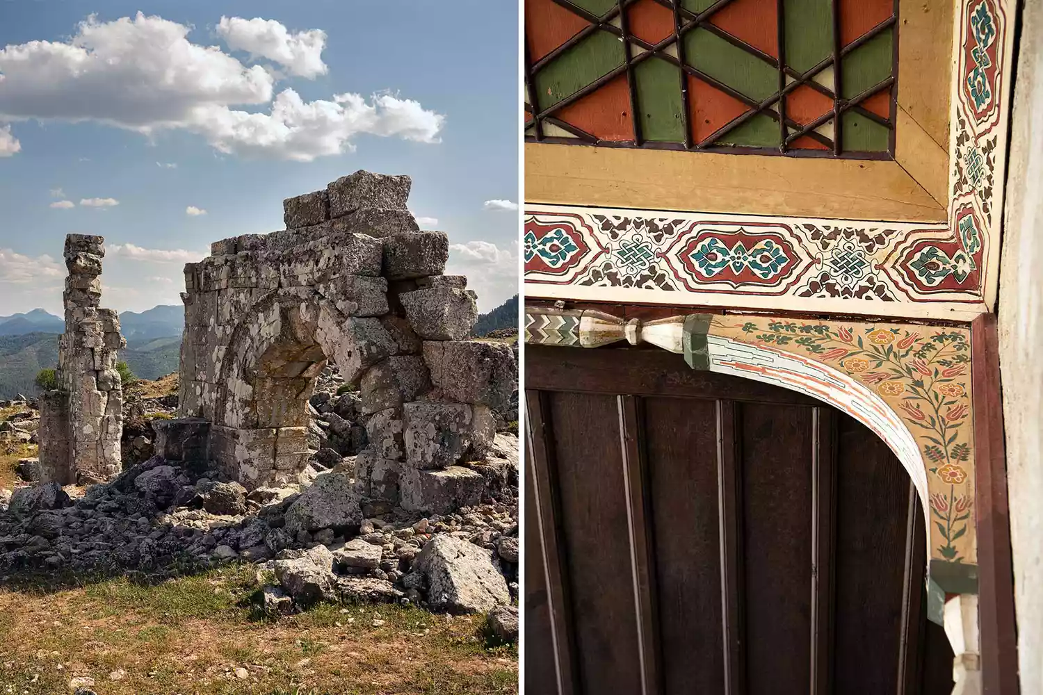 A comparison photo showing the stone ruins of a gate at Kremna and the intricate painted ceiling of a 17th-century Turkish mansion.