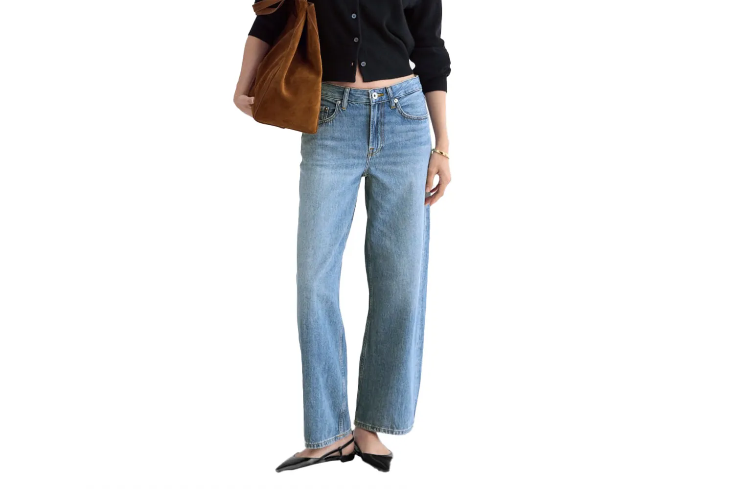 High-waisted loose curve jeans in a medium blue wash.