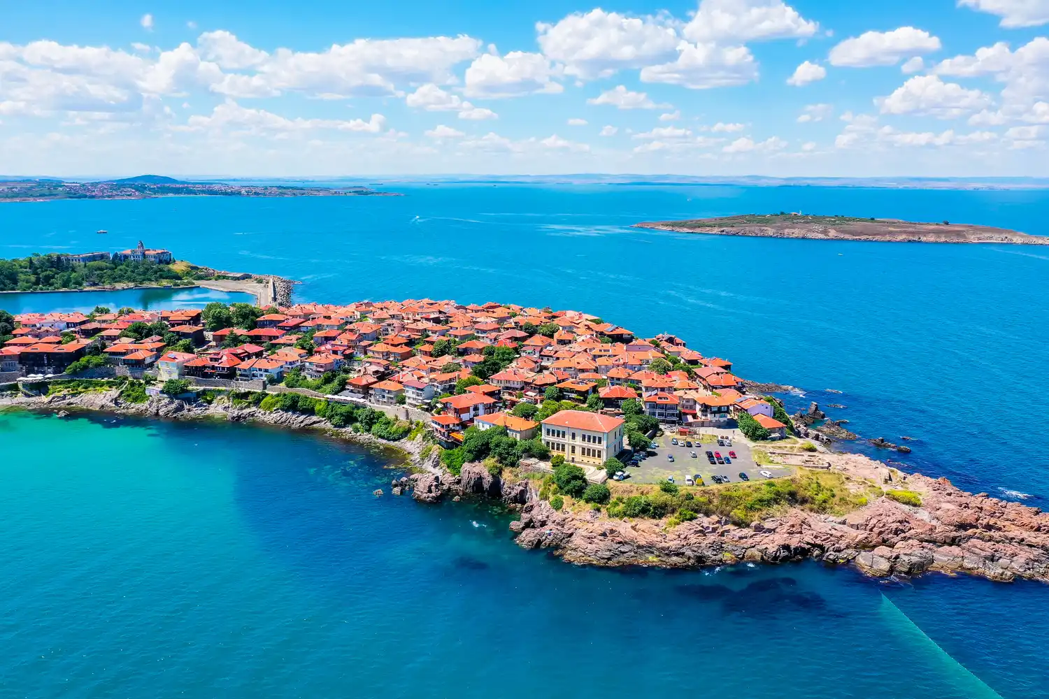 Aerial view of the old town peninsula of Sozopol on the Bulgarian Black Sea coast.