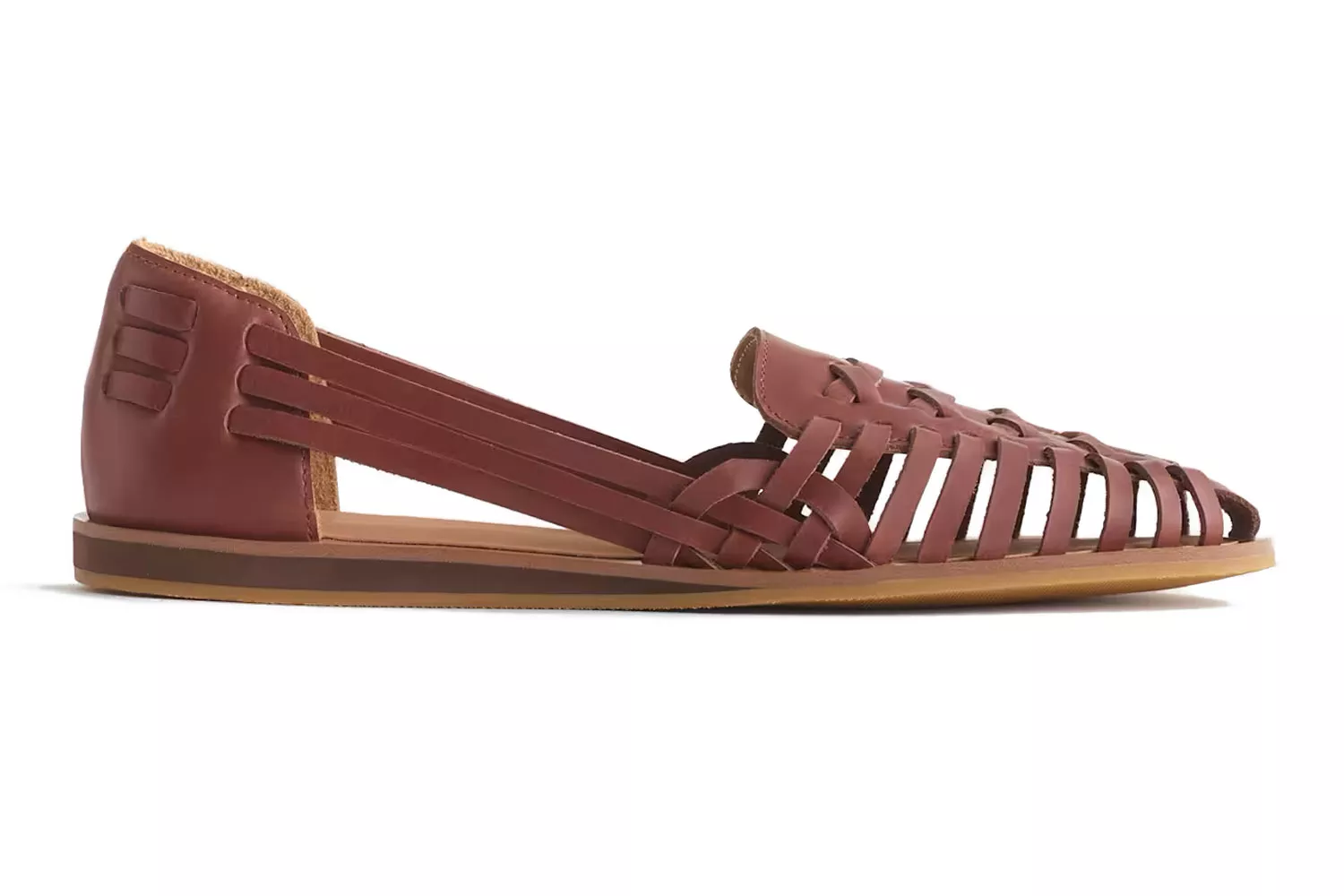 Woven leather huarache flat shoes in a tan brown color.