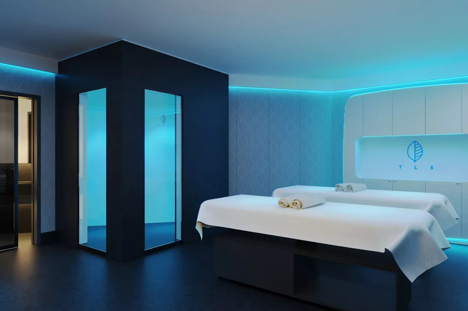 A minimalist and tranquil treatment room at the Venice Longevity Spa.