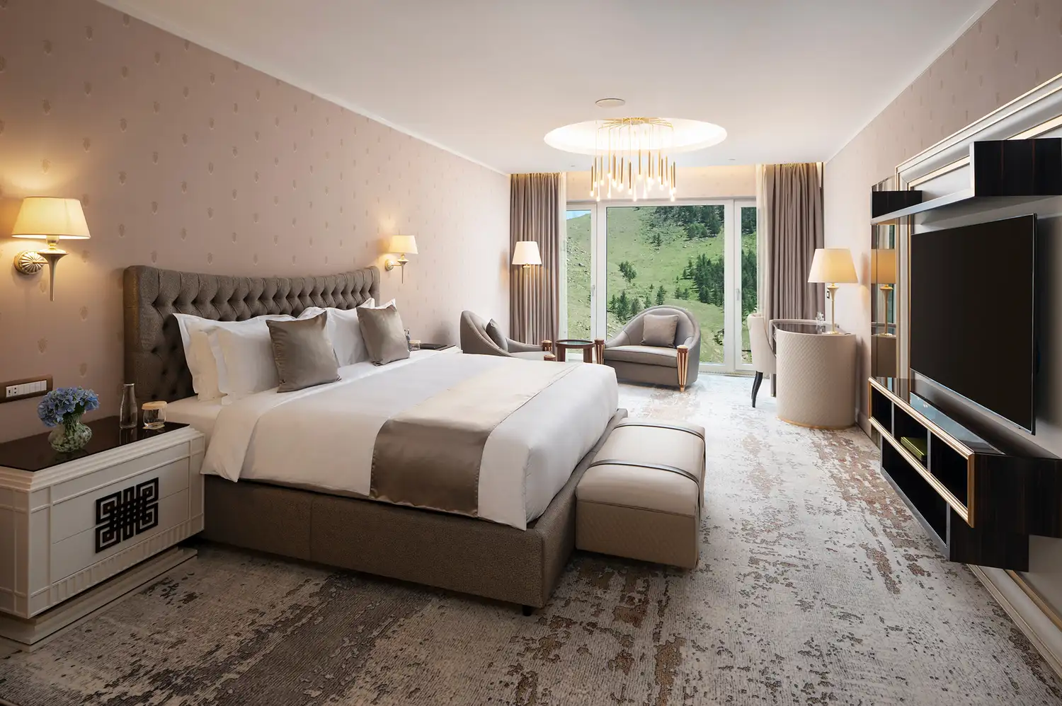 A luxury hotel suite with a king-size bed, Erdenet wool carpets, and floor-to-ceiling windows.
