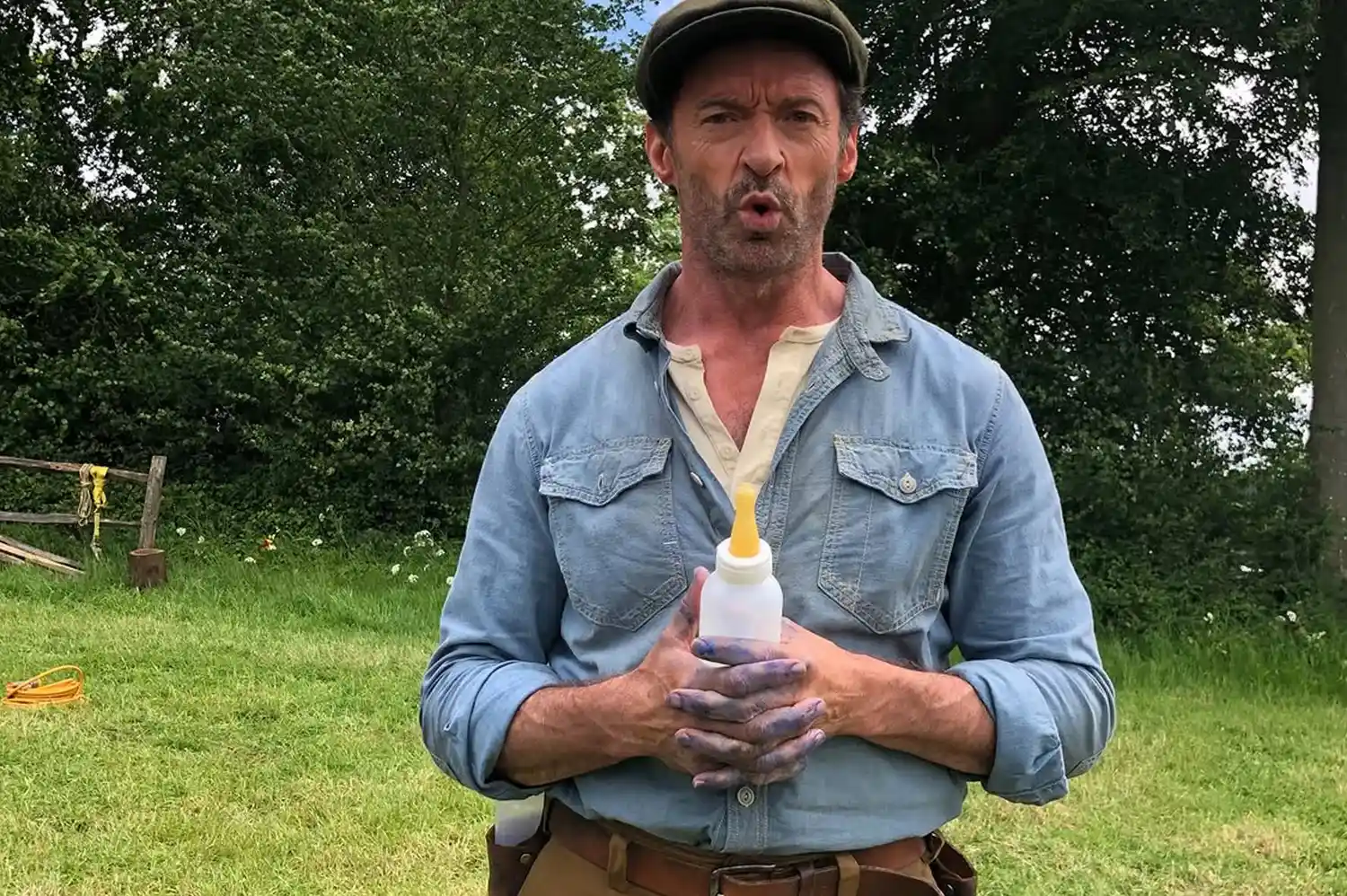 Hugh Jackman in the English countryside during a film production.