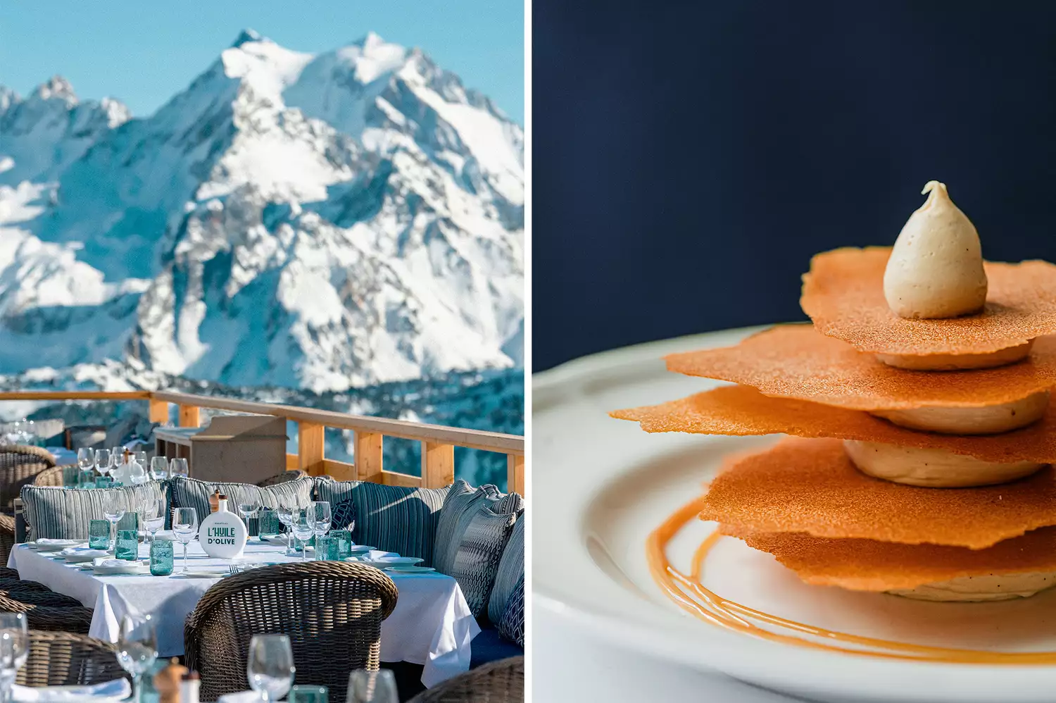 An outdoor restaurant terrace with set tables overlooking snowy mountain peaks.