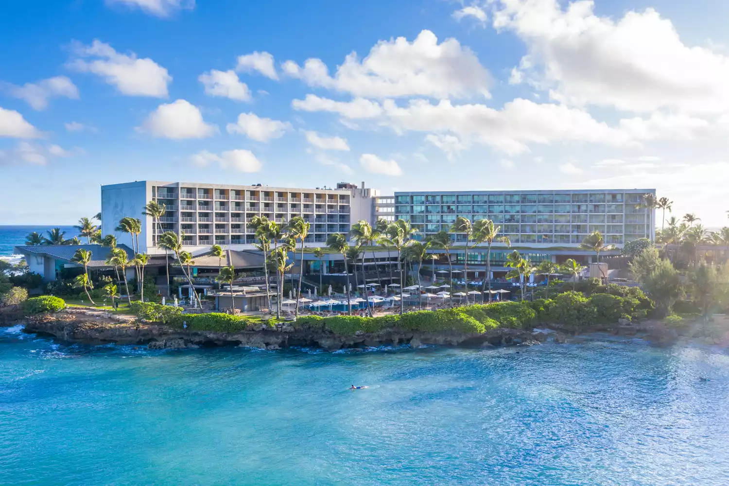 Aerial exterior view of the Turtle Bay Resort on the North Shore of Oahu.