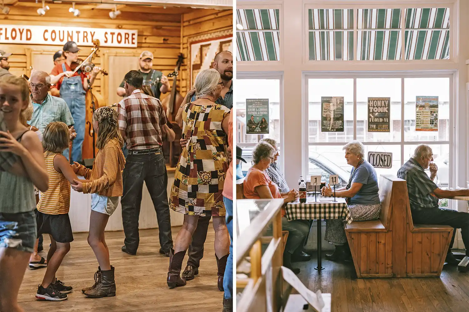 Musicians performing and guests dancing at the Friday Night Jamboree in the Floyd Country Store.