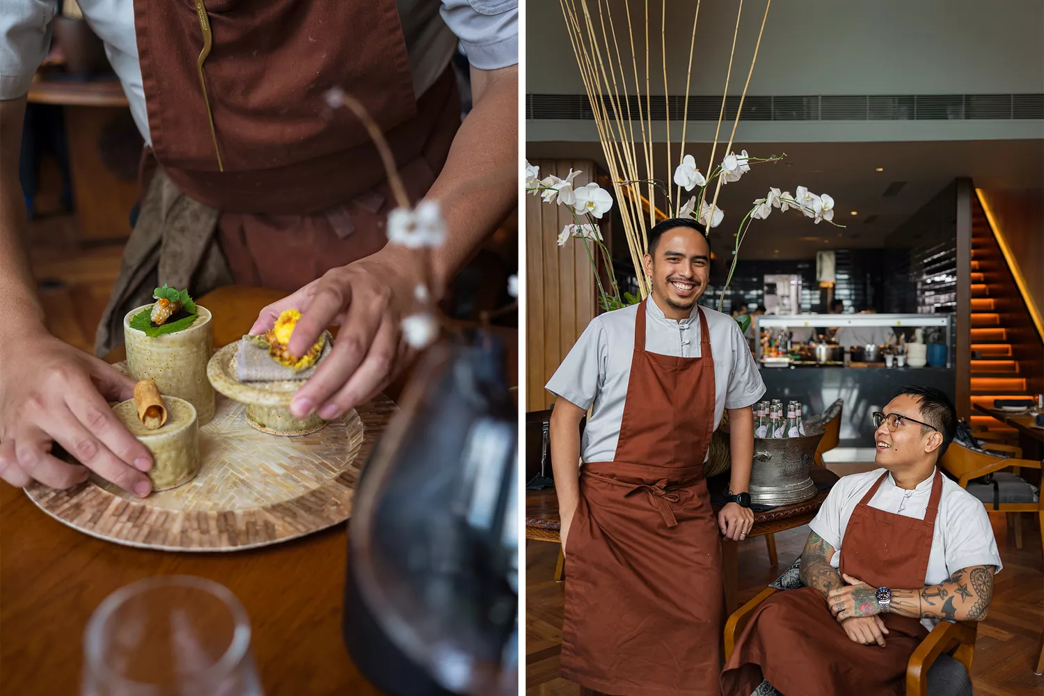 A split image showing refined Filipino snacks and chefs Thirdy Dolatre and John Kevin Navoa in a kitchen setting.