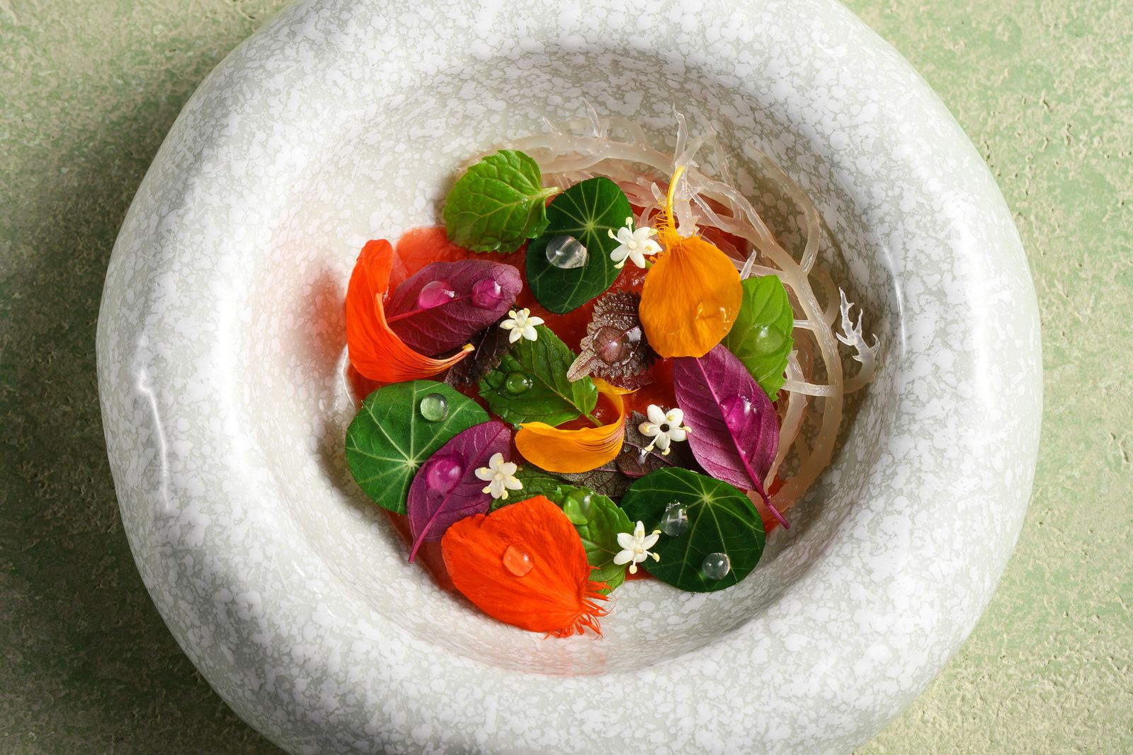 A beautifully presented dish featuring fresh green plants and delicate garnishes.