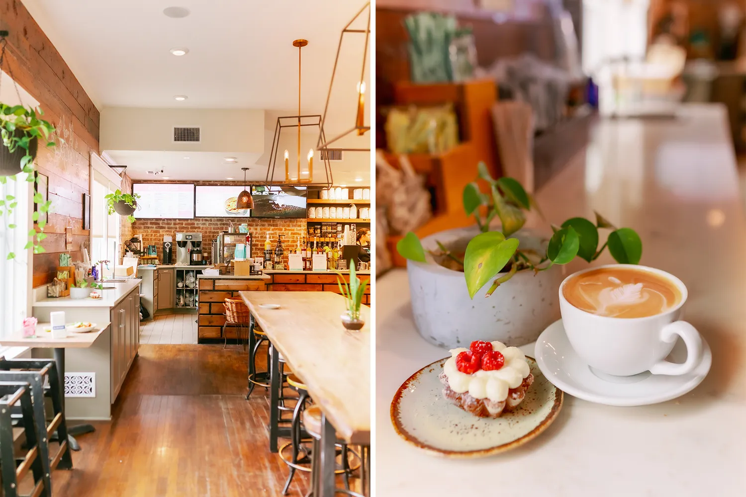 A split view of the stylish interior and a specialty coffee served at the White Rhino cafe in Waxahachie.