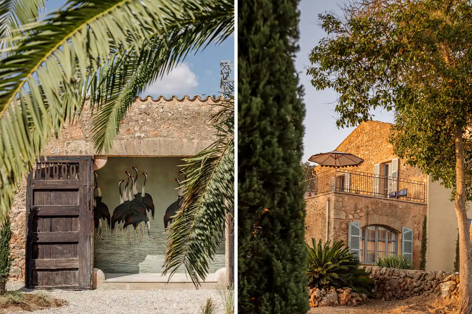 A rustic house wall at Son Xotano with green shutters and a nearby palm tree.