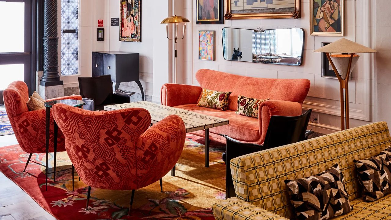 High-end interior design at a San Francisco boutique hotel with bold patterns and curated artwork.