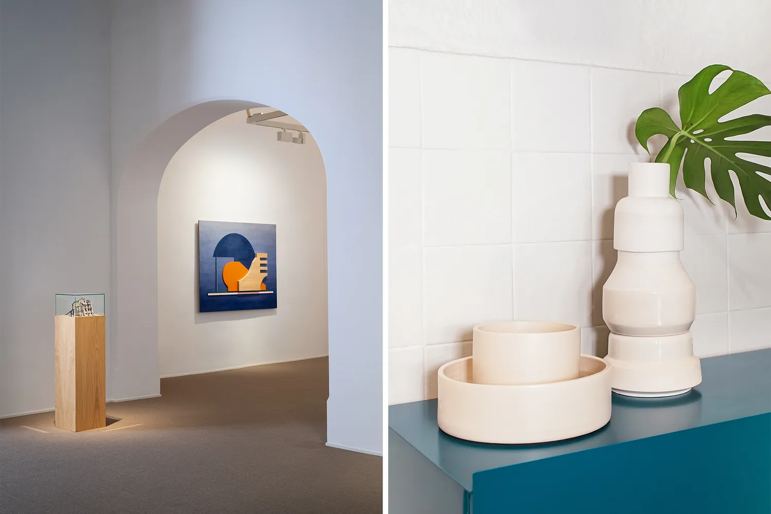 Side-by-side images showing a contemporary installation at Galeria Pelaires and minimalist ceramics by Roberto Paparcone.