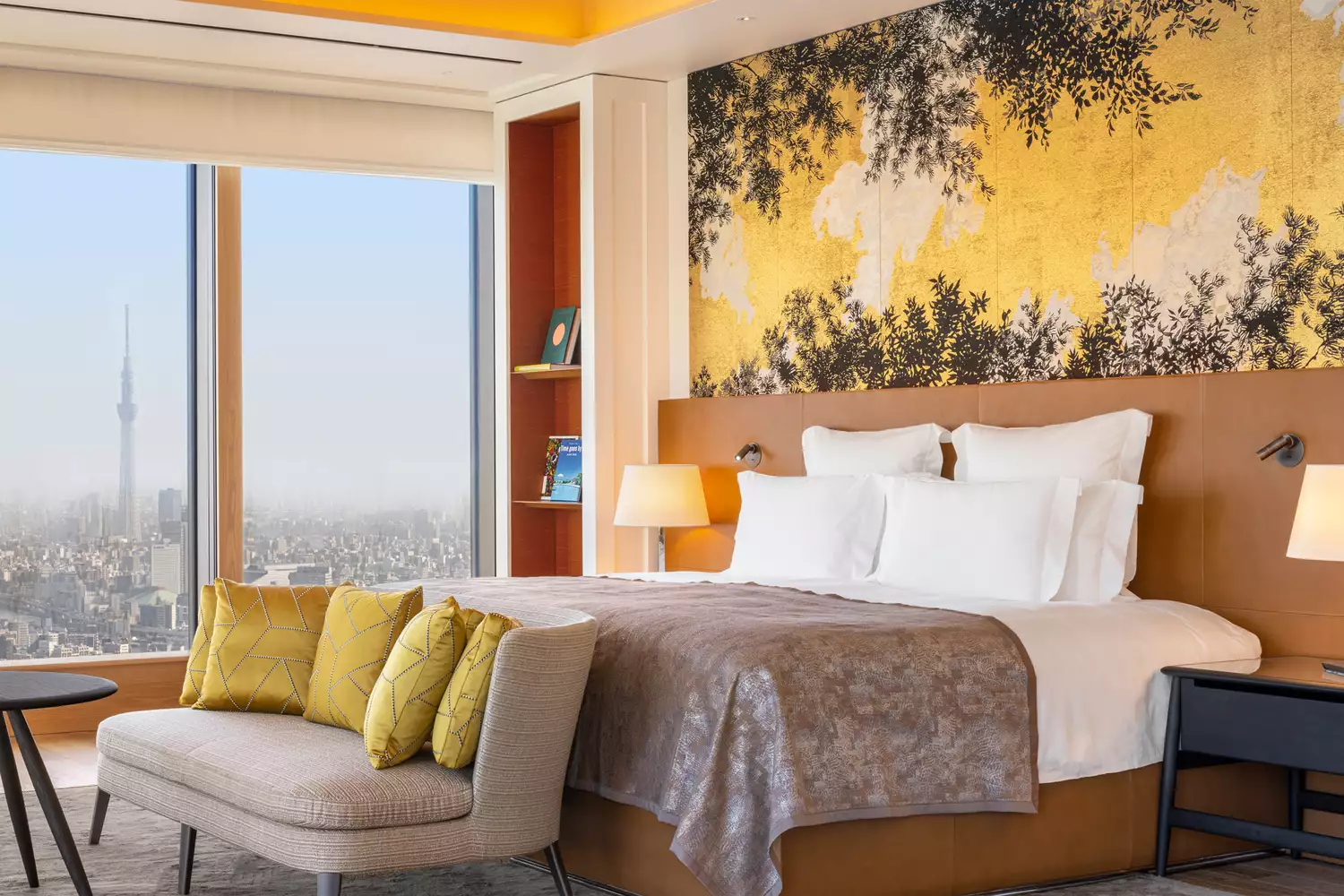 Luxe guest room at the Bvlgari Hotel Tokyo featuring rich materials and modern Italian design.