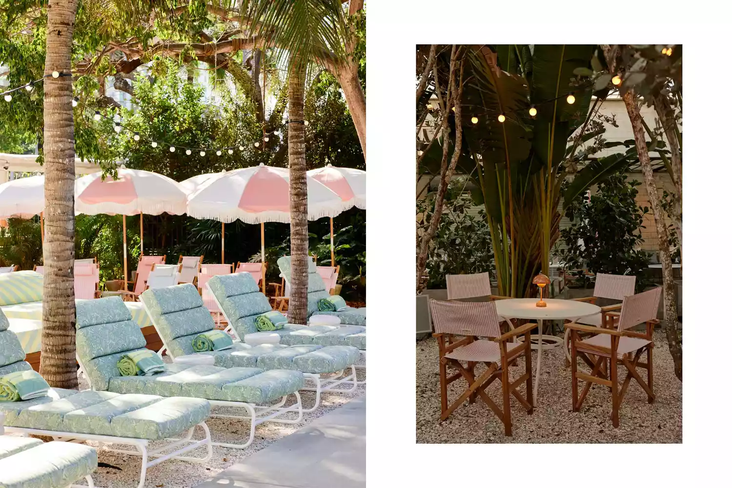 Outdoor pool deck at Miami Pool House with pink striped umbrellas and retro loungers.