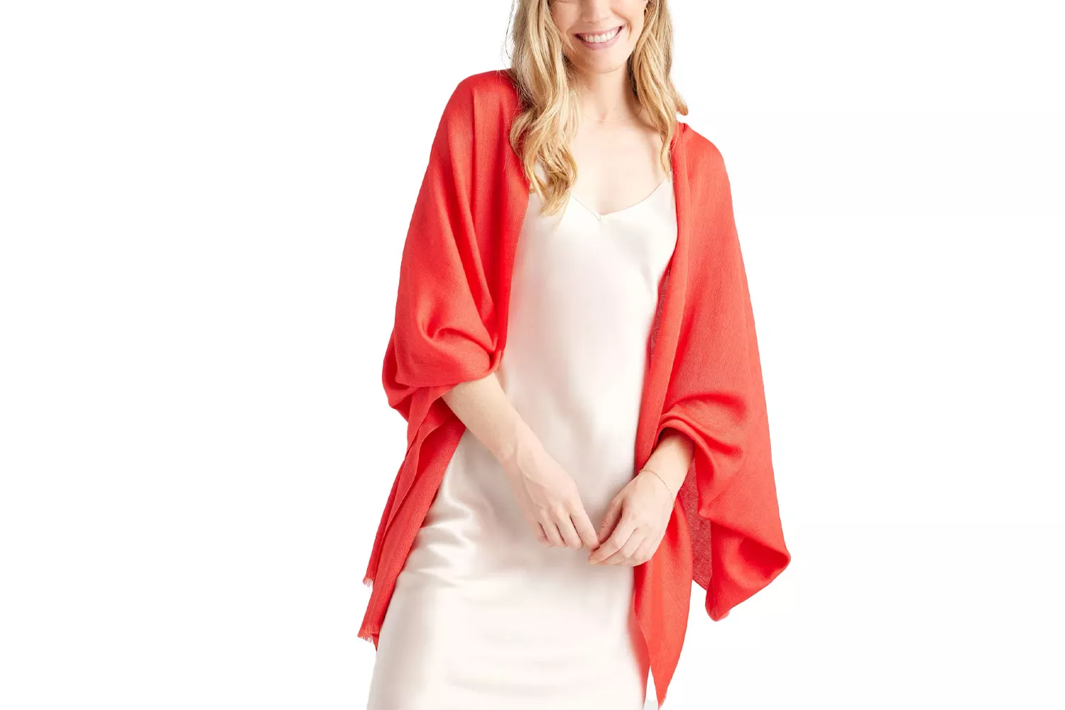 A lightweight cashmere and silk blend scarf with frayed edges.