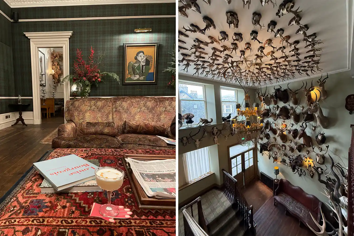 Interior view showing a cozy living room and a hall with antler decorations and a chandelier at The Fife Arms.