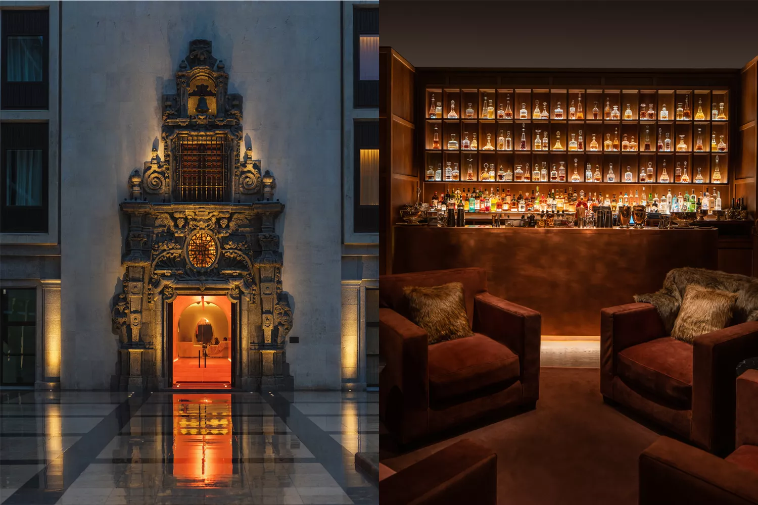 The historical entrance juxtaposed with the contemporary bar area inside The Madrid EDITION.
