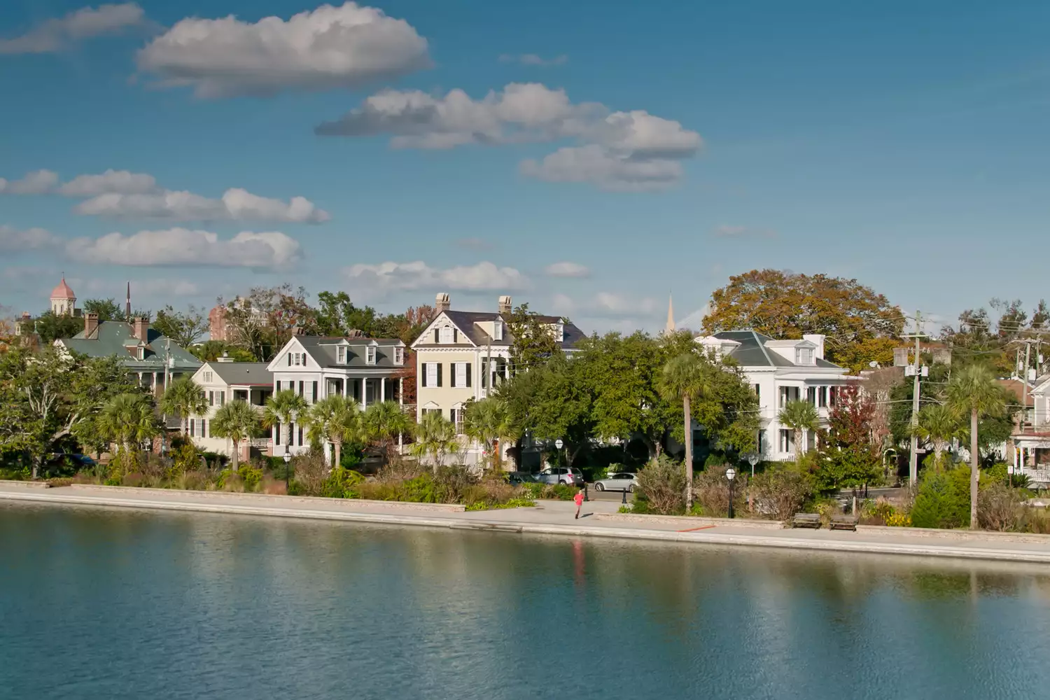 An aerial drone view showing the peaceful lakeside houses and lush greenery of Harleston Village in Charleston.