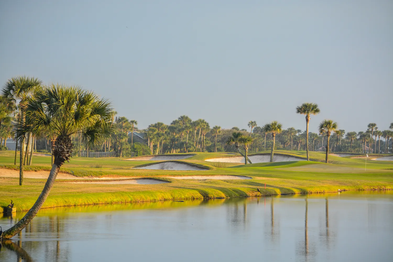 A palm-lined golf course next to a body of water in a sunny coastal Florida setting.